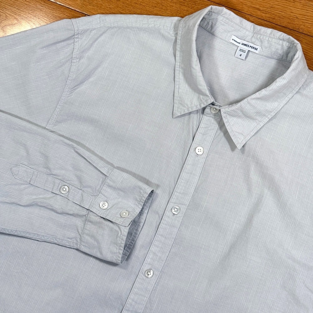 James Perse Mens Size 4 Light Grey Cotton Linen Slub‎ Button Down Shirt MIF3202